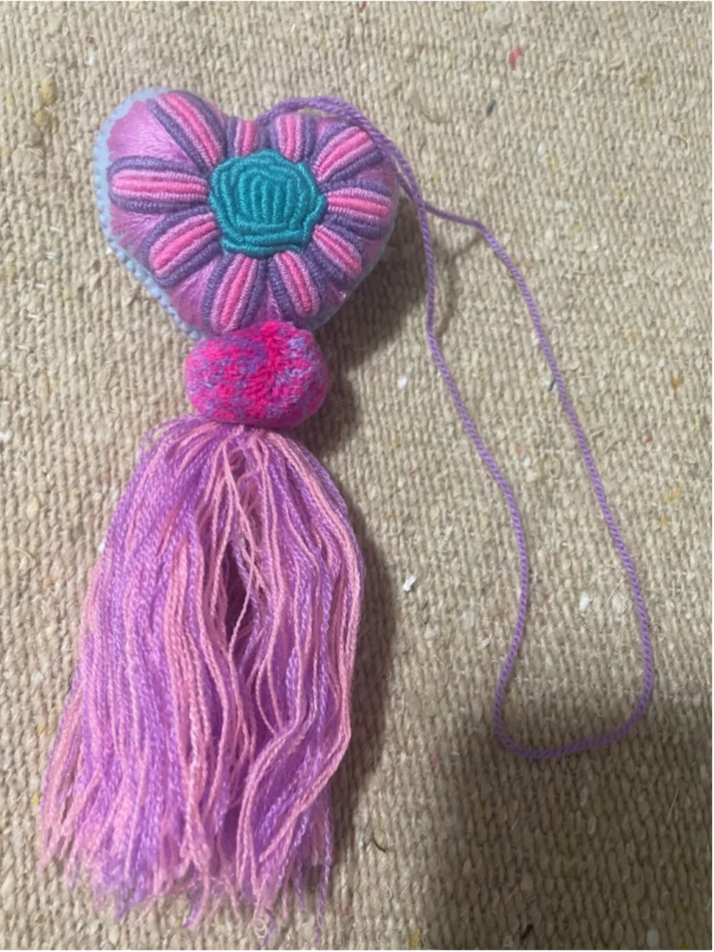 Mexican Handmade Embroidered Heart Tassel Ornament Pink Purple